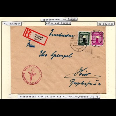 DR 1944, 6+40 Pf. Dienst auf Einschreiben Orts-Brief v. Neustadt (b. Coburg)