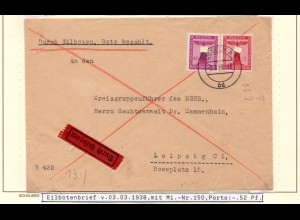 DR 1938, 12+40 Pf. Dienst auf Einlboten Brief v. Dresden n. Leipzig.