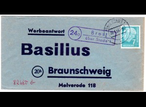 BRD 1958, Landpost Stempel 24a BREST über Stade 1 auf Werbeantwort Brief 