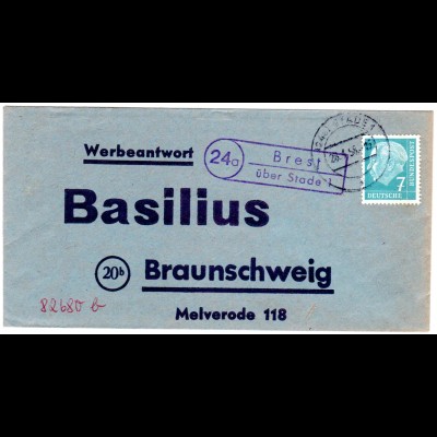 BRD 1958, Landpost Stempel 24a BREST über Stade 1 auf Werbeantwort Brief 