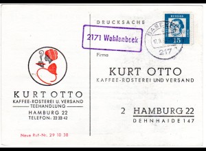 BRD 1963, Landpost Stempel 2171 WOHLENBECK auf Kaffee Werbekarte m Stpl. Basbeck