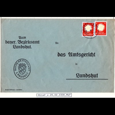 DR 1936, MeF 2x8 Pf. Dienst auf Orts-Brief des Bezirksamt Landshut