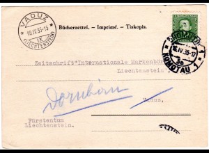 Tschechoslowakei 1935, 50 H. auf Bücherzettel Karte v. Komotau n. Liechtenstein.