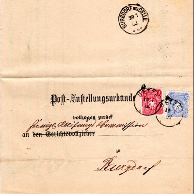 DR 1882, 10+20 Pf. auf Post-Zustellungsurkunde v. Uetze n. Burgdorf b. Celle