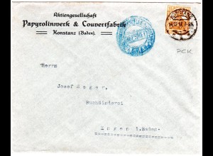 DR 1917, 15 Pf. Germania m. perfin auf Firmen Drucksache Brief v. Konstanz
