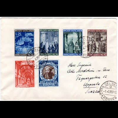 Vatikan 1950, 6 Marken auf Brief n. Schweden.