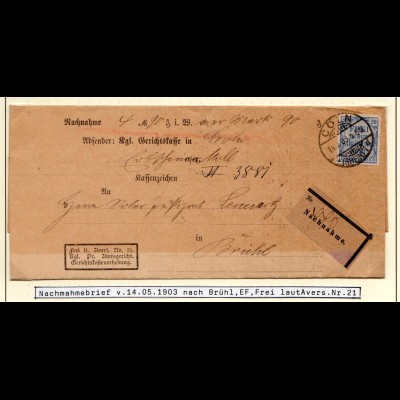 DR 1903, 20 Pf. Zähldienstmarke auf Frei lt. Avers No.21 Nachnahme Brief v. Köln