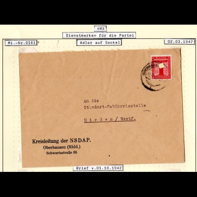DR 1942, 12 Pf. Dienst auf Brief der NSPAP Kreisleitung Oberhausen