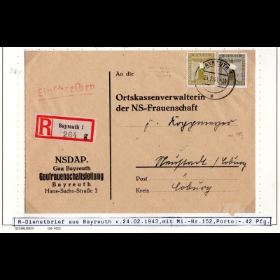 DR 1943, 24+30 Pf. Dienst auf Einschreiben Brief der NSDAP Gaufrauen Bayreuth