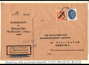 DR 1934, 4+50 Pf. Dienst auf Brief des Amtgericht Mallersdorf n. Landshut.