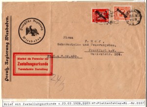 DR 1928, 10+50 Pf. Dienst auf Zustellungsurkunde Brief v. Wiesbaden