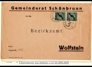 DR 1925, 2x5 Pf. Dienst auf Gemeinderat Schönbrunn Brief v. K1 Hohenau