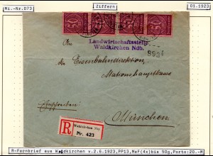 DR 1923, MeF 4x50 Mk. Dienst auf Einschreiben Brief v. Waldkirchen