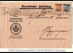 DR 1920, 30 Pf.+1 Mk. Dienst auf Zustellungsurkunde Brief v. Ulm n. Göppingen