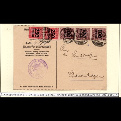 DR 1923, 3x100+2x250 T. Mk. Dienst auf Karte v. Waren n. Stavenhagen