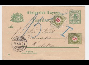 Bayern 1903, Ganzsache v. BALZHAUSEN m. 2 Schweiz Nach Porto Marken. #2223