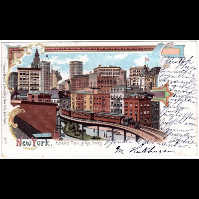USA, New York with elevated train, beautiful 1901 used Litho-card