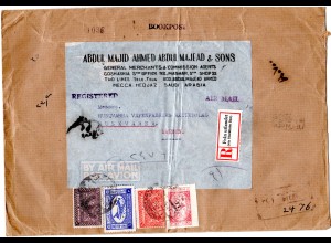 Saudi Arabia 1950, 4 stamps on registered AV2 Air Mail Bookpost letter to Sweden