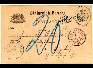 Bayern 1895, Porto-L1 "P.V." auf Militärkarte v. Lager-Lechfeld n. Augsburg.