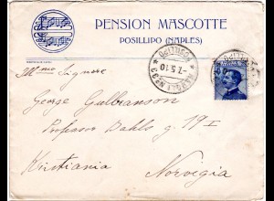 Italien 1910, 25 C. auf Hotel Brief v. Napoli No.33 Posillipo n. Norwegen