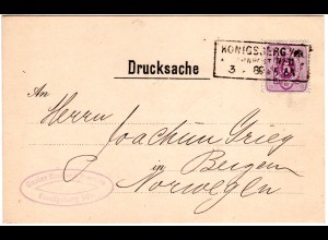 DR 1889, R3 Königsberg I/PR. Bahnpost No.11 auf Karte m. 5 Pf. n. Norwegen