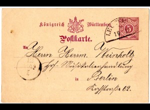 Württemberg 1886, Bahnstempel Leutkirch auf 5 Pf. Ganzsache v. Gebrazhofen