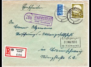 BRD 1955, Landpost Stpl. WAHRSTEDT über Vorsfelde auf Reko Brief m. 70 Pf.