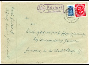 BRD 1952, Landpost Stpl. 20b KÄSTORF über Vorsfelde auf Brief m. 20 Pf.
