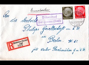 DR 1940, Landpoststpl. DITTERSDORF über Heidenau auf Reko-Brief m. 12+30 Pf.