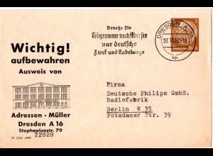 DR, gebr. 3 Pfg. Privatganzsache Umschlag Adressen Müller Dresden m. Abbildung