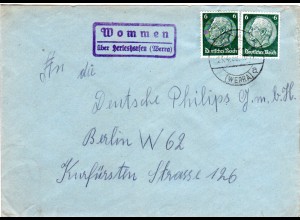 DR 1939, Landpost Stpl. WOMMEN über Herleshausen auf Brief m. 2x6 Pf.