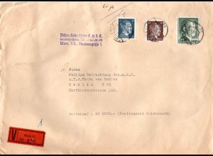 DR 1943, 1 Mk.+4+10 Pf. Hitler auf portorichtigem Ostmark Wert Brief v. Wien