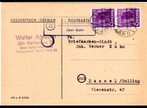 1948, Landpost Stpl. 20 HETTENSEN über Uslar auf Firmen Karte m. 2x6 Pf.