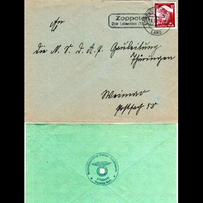 DR 1935, Landpost Stpl. ZOPPOTEN über Lobenstein auf NSDAP Brief m. 12 Pf.