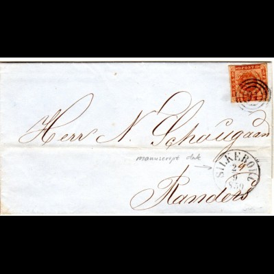 Dänemark 1859, voll-/breitrandige 4 S. auf Brief m. 3-Ring "91" u. K1 Silkeborg