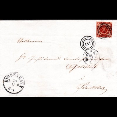 Dänemark 1863, breitrandige 4 S. auf Brief m. Stpl. "1" u. Bahnpost Duplex "181"