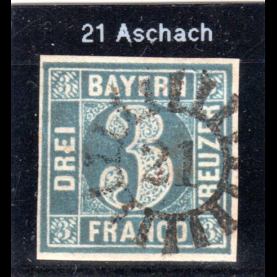 Bayern 2 II5, MR 21 Aschach klar u. fast zentrisch auf voll-/breitrandiger 3 Kr.