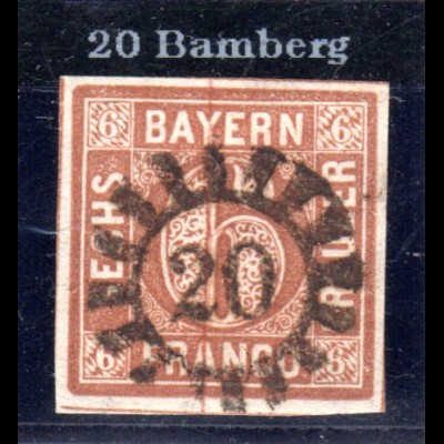 Bayern, MR 20 Bamberg klar auf breitrandiger 6 Kreuzer. Tadellose Marke!