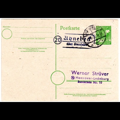 1948, Landpoststpl. 20 AHNEBECK über Vorsfelde auf 10 Pf. Ganzsache.