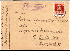 1948, Landpoststpl. 20 GR.-TWÜLPSTED über Vorsfelde auf Brief m. 24 Pf. Stephan