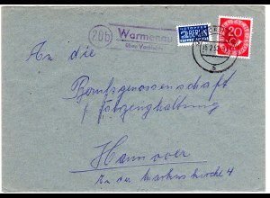 BRD 1952, Landpoststpl. 20b WARMENAU über Vorsfelde auf Brief m. 20 Pf.