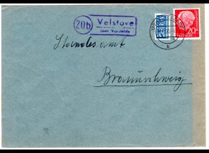 BRD 1955, Landpoststpl. 20b VELSTOVE über Vorsfelde auf Brief m. 20 Pf.