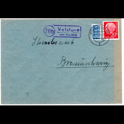 BRD 1955, Landpoststpl. 20b VELSTOVE über Vorsfelde auf Brief m. 20 Pf.