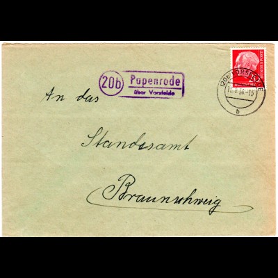 BRD 1956, Landpoststpl. 20b PAPENRODE über Vorsfelde auf Brief m. 20 Pf.