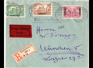 Saargebiet 1921, 3 Marken auf Reko Eilboten Zensur Brief m. München Rohrpost