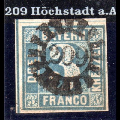 Bayern, MR 209 HÖCHSTADT a.A. zentrisch auf breitrandiger 3 Keuzer v. Bogenrand