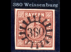Bayern, MR 380 klar u. zentrisch auf breitrandiger 6 Kr.