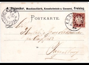 Bayern 1889, 5 Pf. viol. auf Firmenkarte v. Freising m. Bahnpost-K1 M-Re