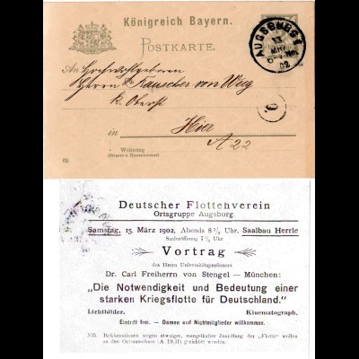 Bayern 1902, Pf. Ortskarte v. Augsburg m. rücks. Zudruck Dt. Flottenverein