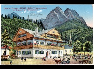 Hammersbach, Hotel Haus Madl m. Zugspitze, 1916 per FP v. Obergrainau gebr. AK